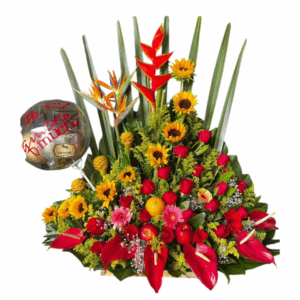 Arreglo Floral con Girasoles, Rosas, Frutas Tropicales y Globo “Te Amo” | Detalles Sorprendentes a Domicilio en Bogotá – Las Palmas Floristería Bogotá