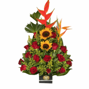 Arreglo Floral con Girasoles, Rosas y Heliconias | Regalo Tropical a Domicilio en Bogotá – Las Palmas Floristería Bogotá