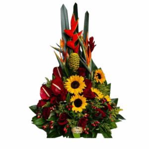 Arreglo Floral Tropical con Girasoles, Rosas y Heliconias | Flores a Domicilio en Bogotá – Las Palmas Floristería Bogotá