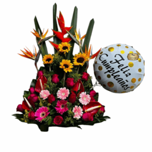 Arreglo Floral para Cumpleaños con Globo y Girasoles | Entrega a Domicilio en Bogotá – Las Palmas Floristería Bogotá