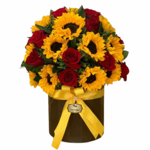 Caja Floral con Girasoles y Rosas Rojas – Alegría y Amor en un Solo Detalle | Las Palmas Floristería Bogotá