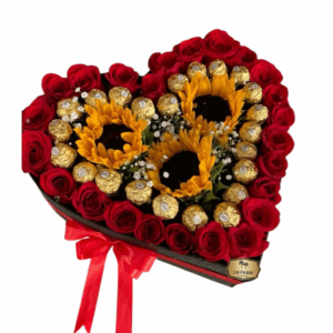 Caja Corazón con Girasoles, Rosas Rojas y Chocolates Ferrero – Las Palmas Floristería Bogotá