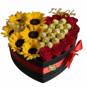 🌻❤️🍫 Caja Corazón con Girasoles, Rosas Rojas y Ferrero Rocher – Las Palmas Floristería Bogotá 🍫❤️🌻