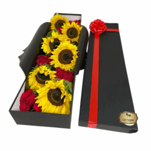🌻 Caja de Girasoles y Rosas Rojas – Las Palmas Floristería Bogotá