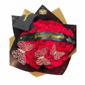🎓 Bouquet de Grado con Rosas Rojas y Mariposas – “Feliz Grado Princess” | Las Palmas Floristería Bogotá