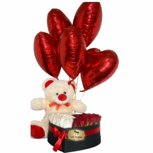 🧸 Arreglo con Peluche, Rosas y Globos en Forma de Corazón – Las Palmas Floristería Bogotá