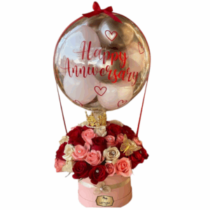 🎈 Arreglo con Globo “Happy Anniversary” y Rosas – Las Palmas Floristería Bogotá