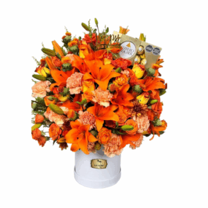 🌿🧡 Arreglo Floral Naranja con Chocolates Ferrero – Las Palmas Floristería Bogotá | Entrega a Domicilio en Bogotá