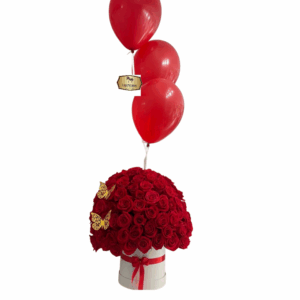 Box Premium de 100 Rosas Rojas con Globos – Floristería Las Palmas Bogotá | Entregas en Bogotá