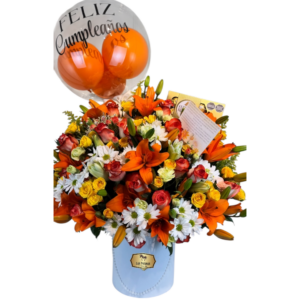 Arreglo Floral de Cumpleaños con Lirios, Rosas y Globo | Floristería Las Palmas Bogotá y Cali