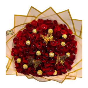 Bouquet de Rosas Rojas con Chocolates Ferrero y Mariposas Doradas | Floristería Las Palmas Bogotá y Cali