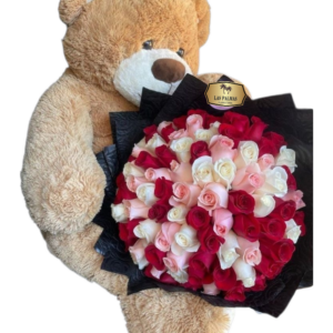 🧸 Oso Gigante con Bouquet de Rosas Rojas, Rosadas y Blancas | Floristería Las Palmas Bogotá y Cali