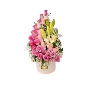 💐 Arreglo Floral en Caja con Rosas Rosadas y Lirios | Floristería Las Palmas Bogotá y Cali
