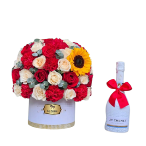 🌹 Arreglo Floral en Caja con Rosas, Claveles y Espumante | Floristería Las Palmas Bogotá y Cali