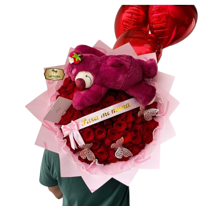 ❤️ Bouquet de Rosas Rojas en Forma de Corazón con Peluche y Globo | Floristería Las Palmas Bogotá