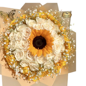 🌻 Bouquet de Girasol con Rosas Blancas y Amarillas| Floristería Las Palmas Bogotá