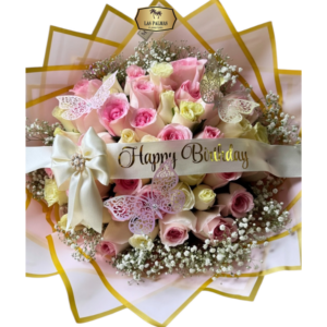 🎂 Bouquet de Rosas Rosadas y Blancas “Happy Birthday” | Flores Elegantes Bogotá