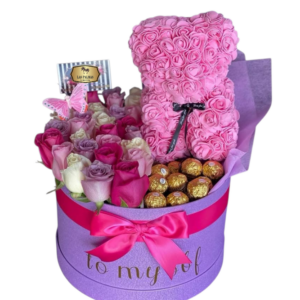 💖 Caja de Rosas con Oso de Rosas y Chocolates Ferrero | Regalo Romántico Bogotá