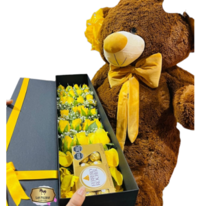 💛 Caja de Rosas Amarillas con Chocolates y Oso Gigante | Floristería Las Palmas Bogotá