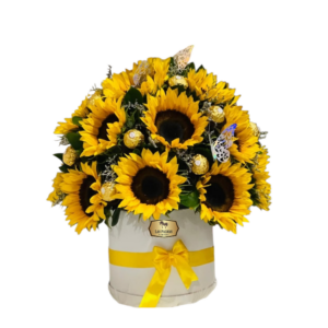 🌻 Arreglo de Girasoles con Chocolates en Caja Elegante | Floristería Las Palmas Bogotá