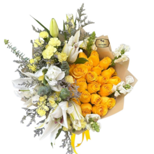 💛🤍 Bouquet de Rosas Amarillas y Lirios Blancos | Elegancia Radiante Bogotá
