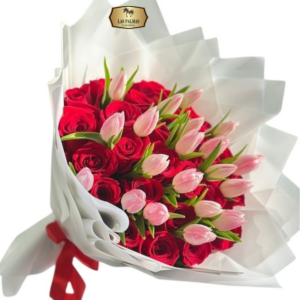 🌷 Ramo de Rosas Rojas y Tulipanes Rosados | Bouquet Premium Exclusivo Bogotá