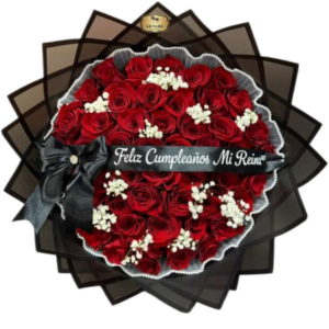 Bouquet “Feliz Cumpleaños Mi Reina” con 100 Rosas Rojas | Arreglo Elegante Bogotá