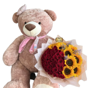 Arreglo con Oso Gigante, Rosas Rojas y Girasoles | Sorpresa Romántica Bogotá