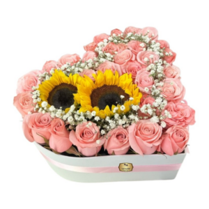 💖 Caja en Forma de Corazón con Rosas Rosadas y Girasoles | Regalo Romántico Bogotá