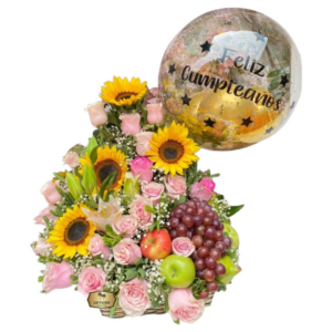 Canasta de Flores y Frutas con Globo Feliz Cumpleaños | Arreglo Premium Bogotá