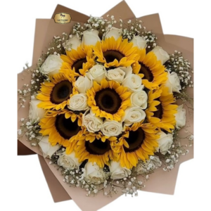 Ramo Grande de Girasoles y Rosas Blancas con Gipsófila | Bouquet Elegante Bogotá