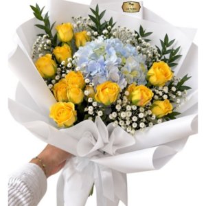Ramo de Hortensia Azul y Rosas Amarillas | Flores a Domicilio Bogotá