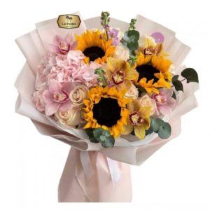 Ramo Exclusivo de Girasoles, Orquídeas Cymbidium, Hortensias Rosadas y Rosas | Bogotá