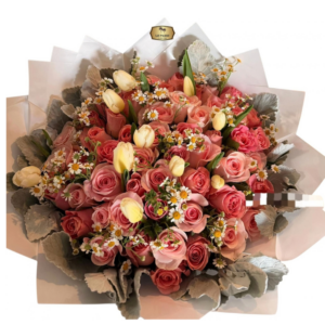 Ramo Gigante de Rosas Rosadas, Tulipanes Blancos y Manzanilla | Bogotá