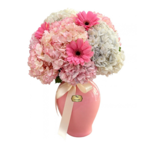 Arreglo Floral en Jarrón Cerámico Rosa con Hortensias y Gerberas | Bogotá