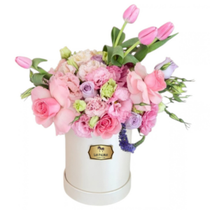 Caja Floral de Tulipanes Rosados, Rosas en Paleta Pastel | Bogotá